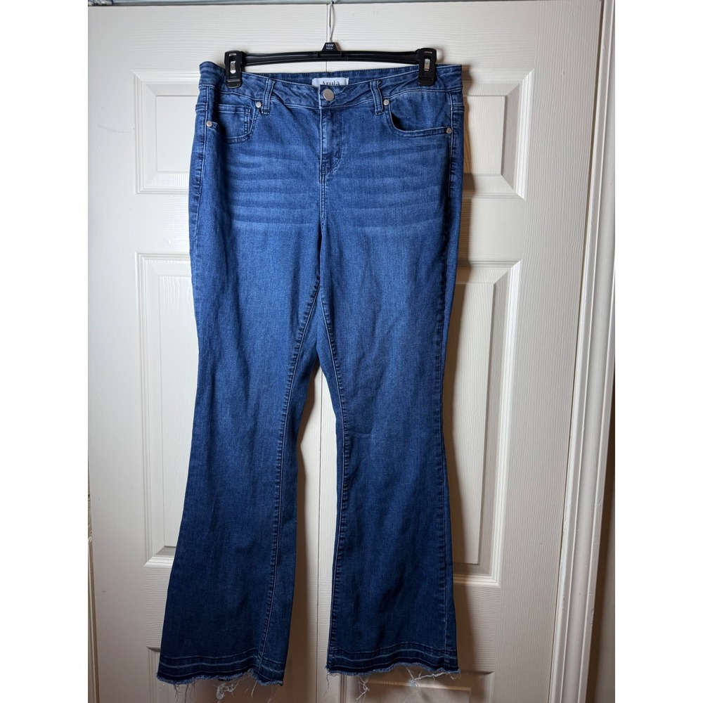 Arula Sienna Flare Jeans Womens 14 Medium Wash High Rise Raw Hem Blue Denim